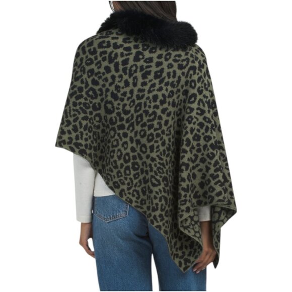 HANNAH ROSE Merino Wool Blend Leopard Topper With Faux Fur Trim - Picture 2 of 3